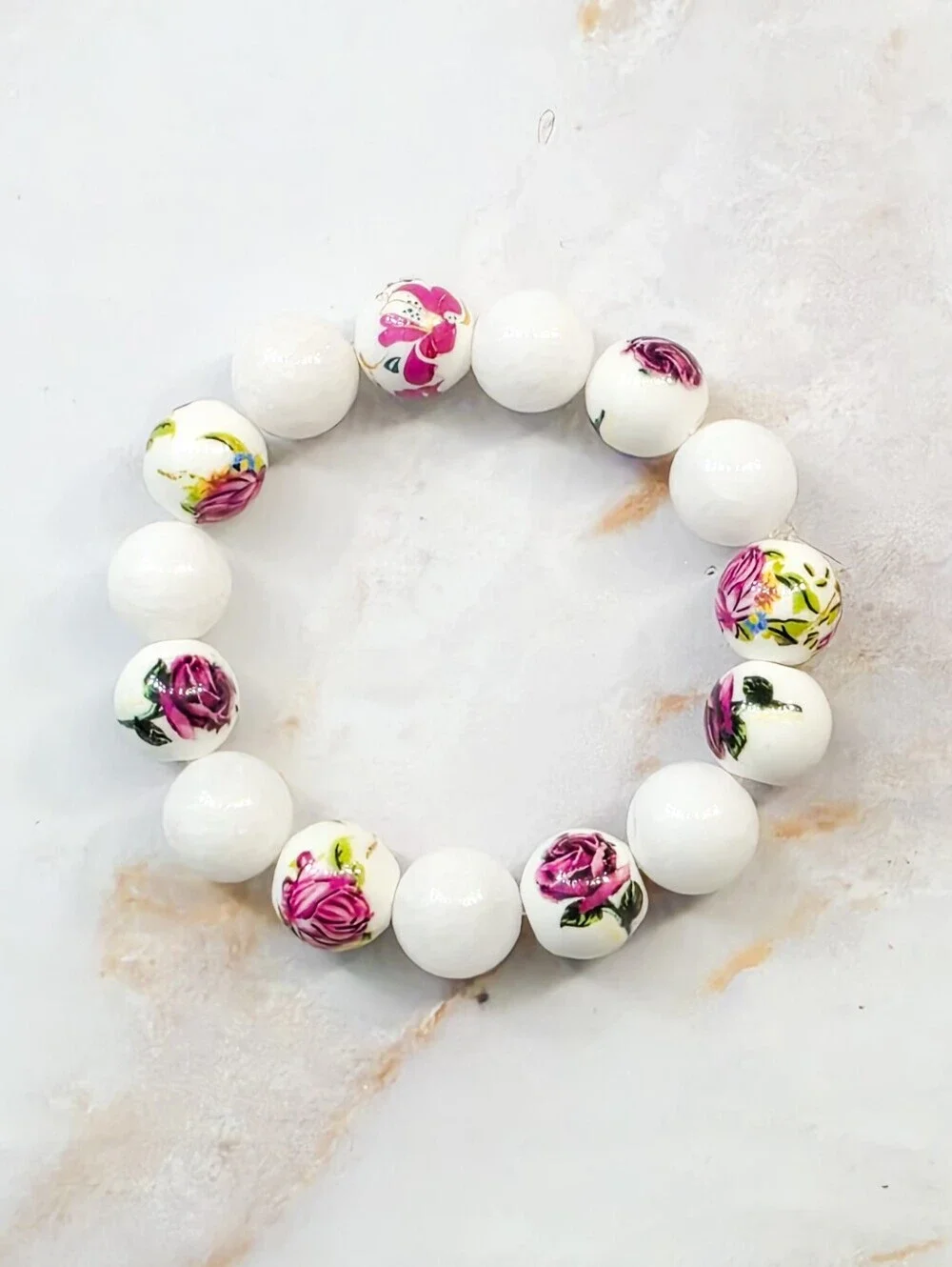 ​Floral Porcelain Rose Bead Bracelet Romantic White Stretch Bracelet